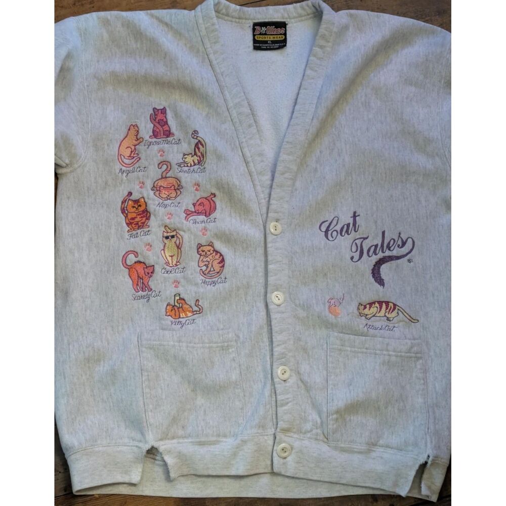 VTG B-Wear Cat Tales Embroidered Cardigan Sweatshirt XL Gray USA Cottagecore - Picture 2 of 7